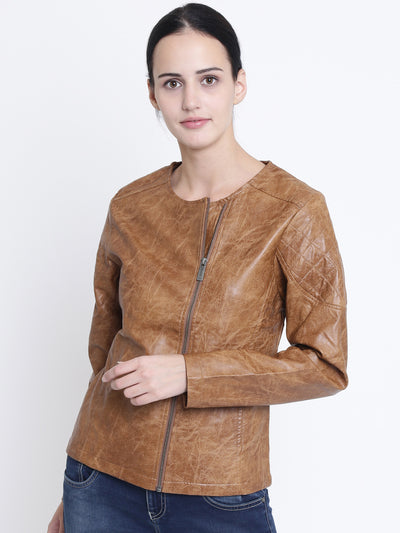 Brown Solid Collarless Jackets-Women Jackets-Crimsoune Club