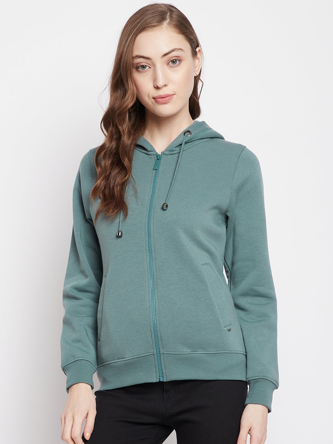 Crimsoune Club Women Green Solid Hooded Sweatshirt-Women Sweat Shirts-Crimsoune Club