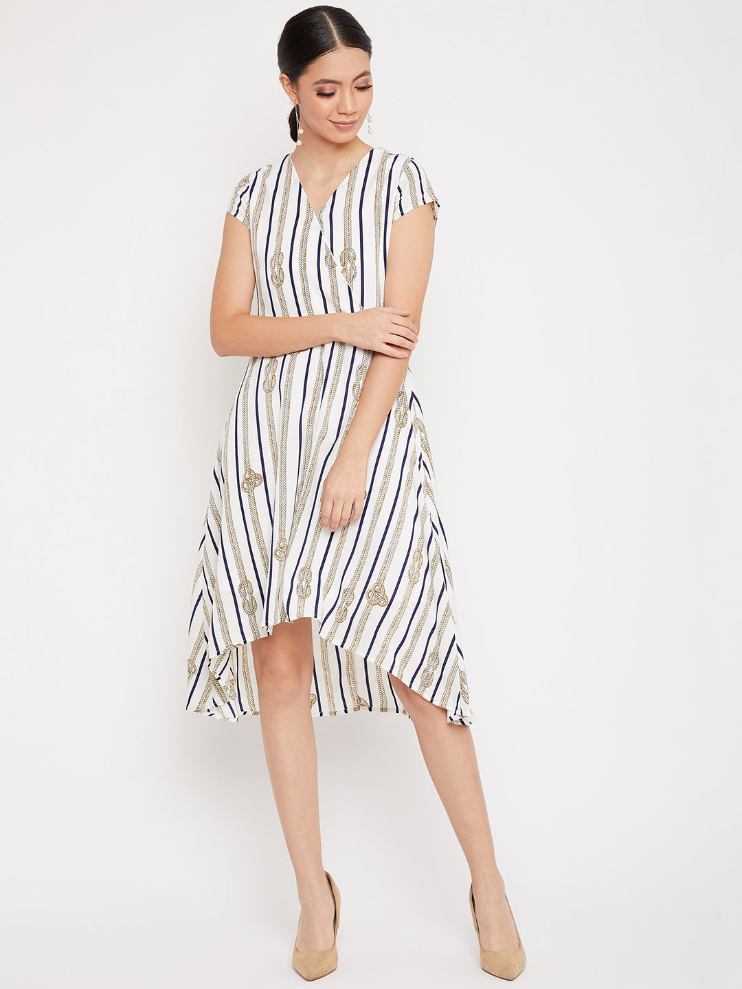 White Striped V-Neck Dress - Women Dresses