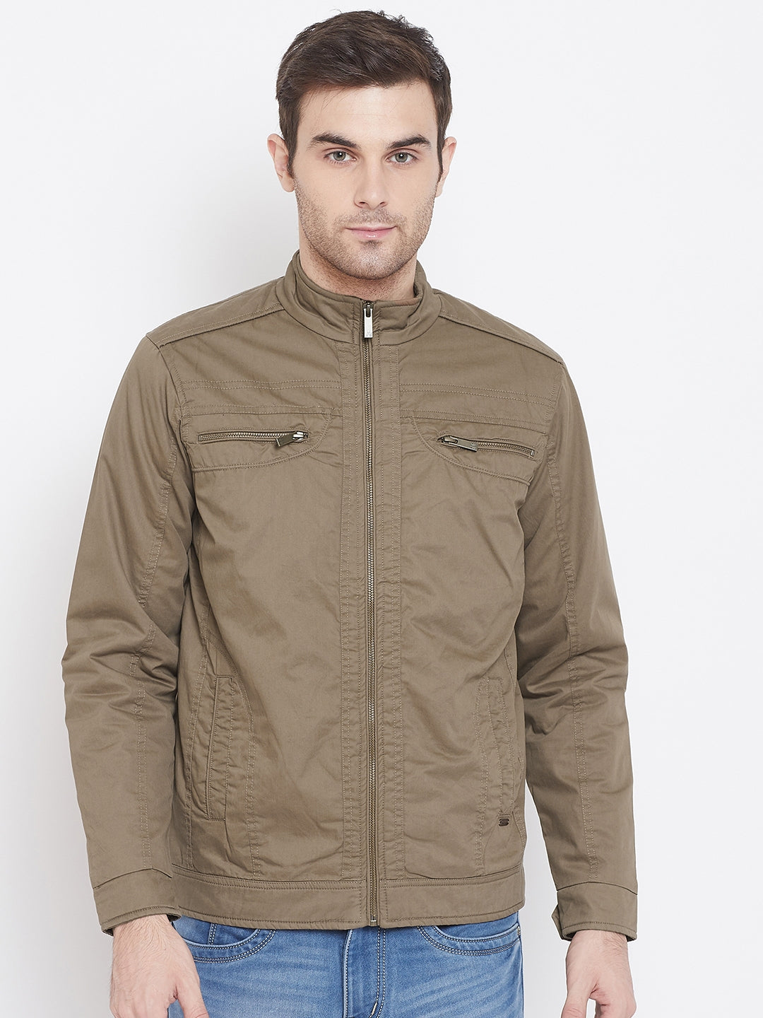 Beige Solid Mandarin Collar Jackets-Mens Jacket-Crimsoune Club