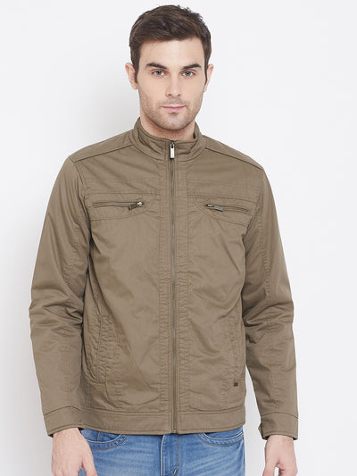 Beige Solid Mandarin Collar Jackets-Mens Jacket-Crimsoune Club