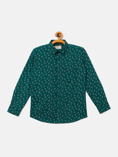 Green Printed Spread Collar Slim Fit Shirt - Boys Shirts