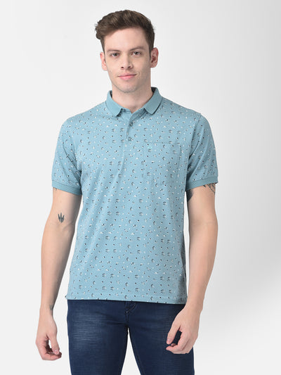 Light Blue Floral Polo T-Shirt-Men T-Shirts-Crimsoune Club