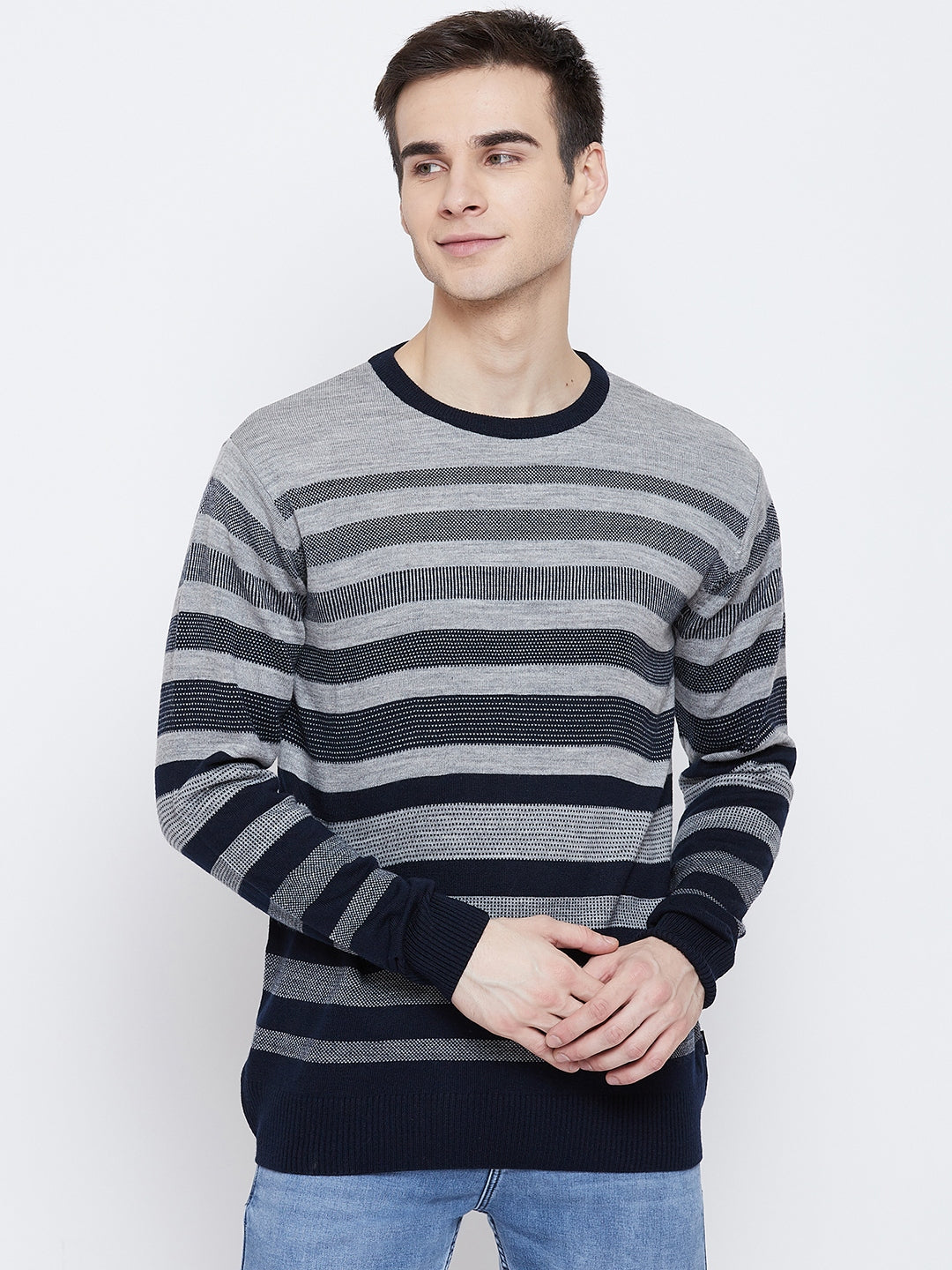 Navy Blue Striped Round Neck Sweater - Men Sweaters