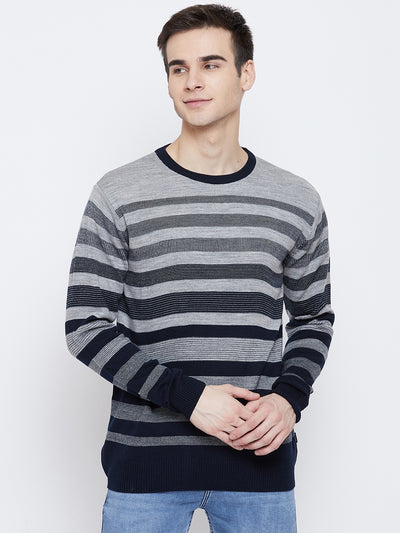 Navy Blue Striped Round Neck Sweater - Men Sweaters