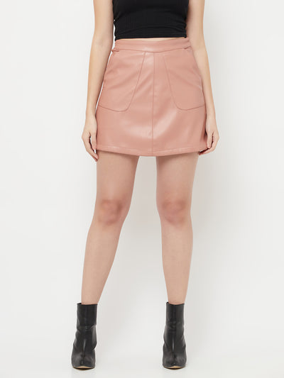 Pink Mini A-Line Leather Skirt - Women Skirts