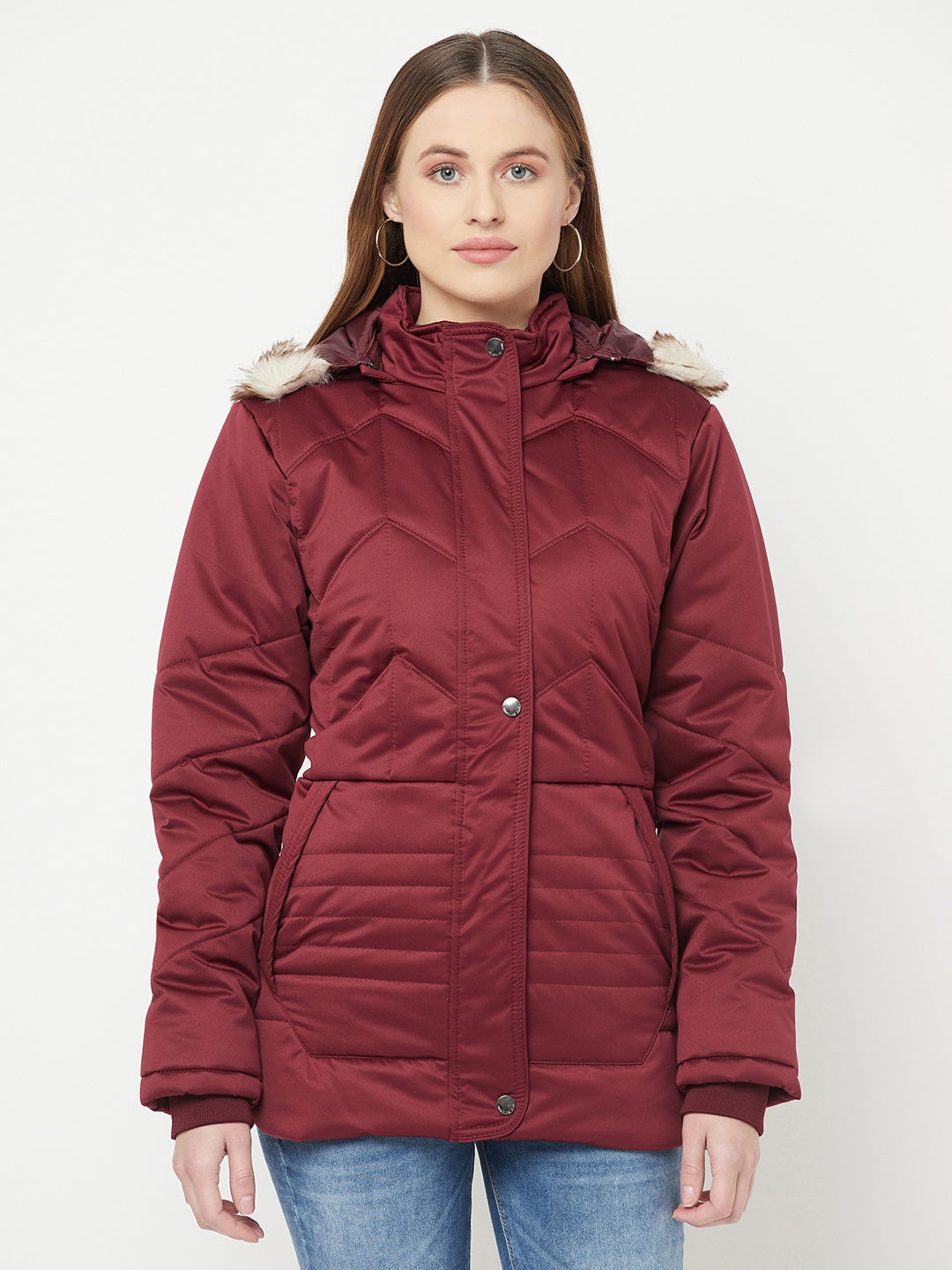 Maroon Detachable Hood Jacket - Women Jackets