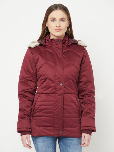 Maroon Detachable Hood Jacket - Women Jackets