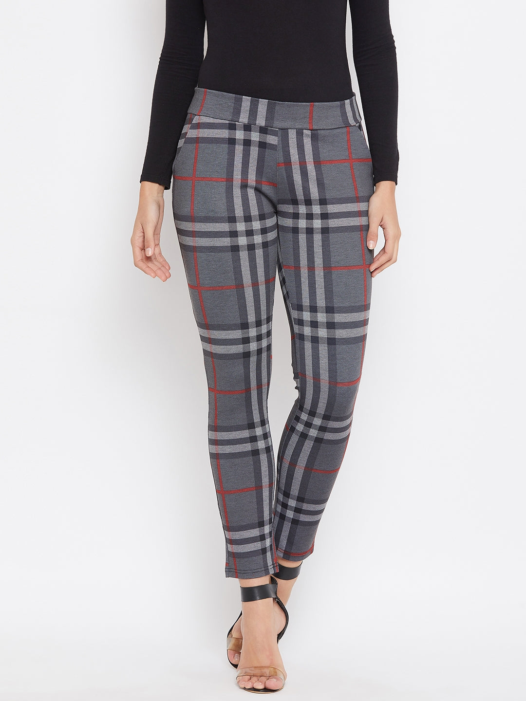 Plain Checked Skinny fit Pants - Women Trousers