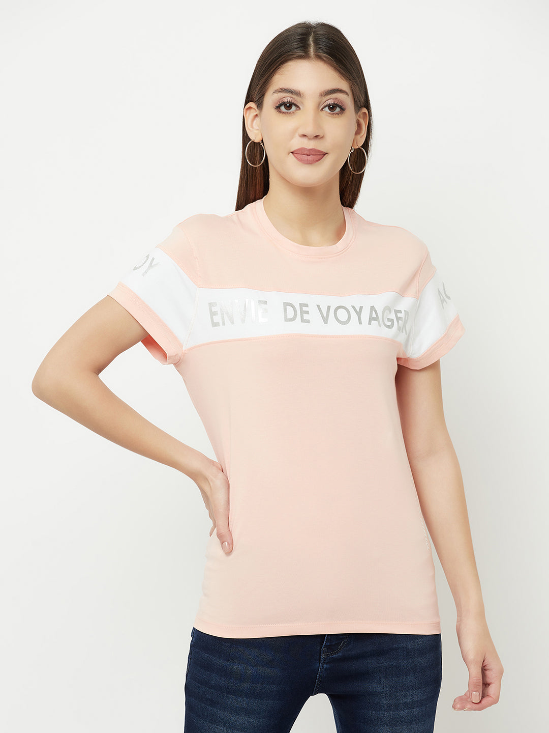 Peach Printed Round Neck T-Shirt - Women T-Shirts