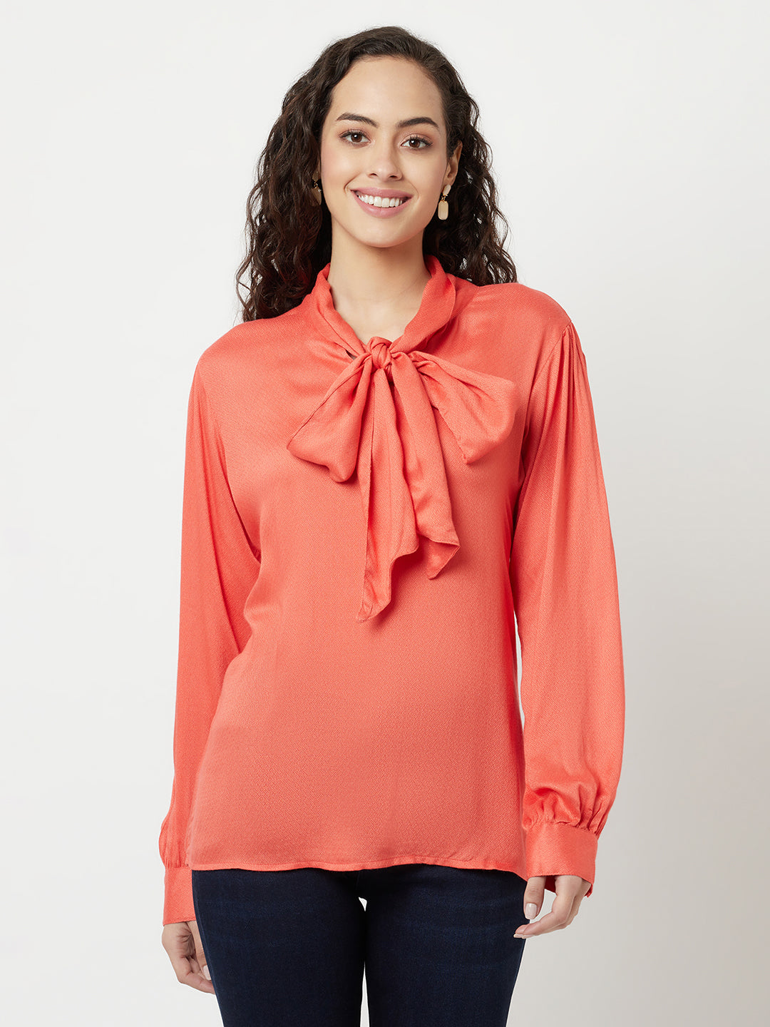 Coral Red Tie-Up Detail Top-Women Tops-Crimsoune Club