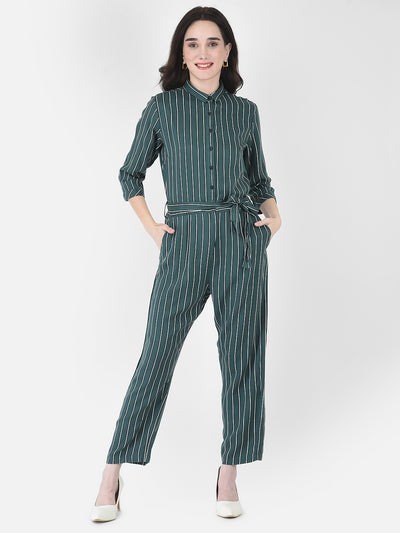 Viridian Green Striped Jumpsuit - Women Dungarees