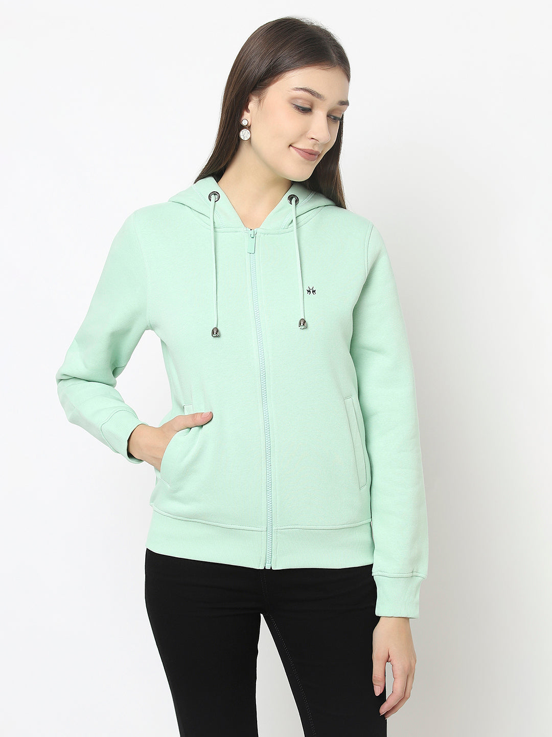 Mint Green Open-Front Sweatshirt with Zip Closure