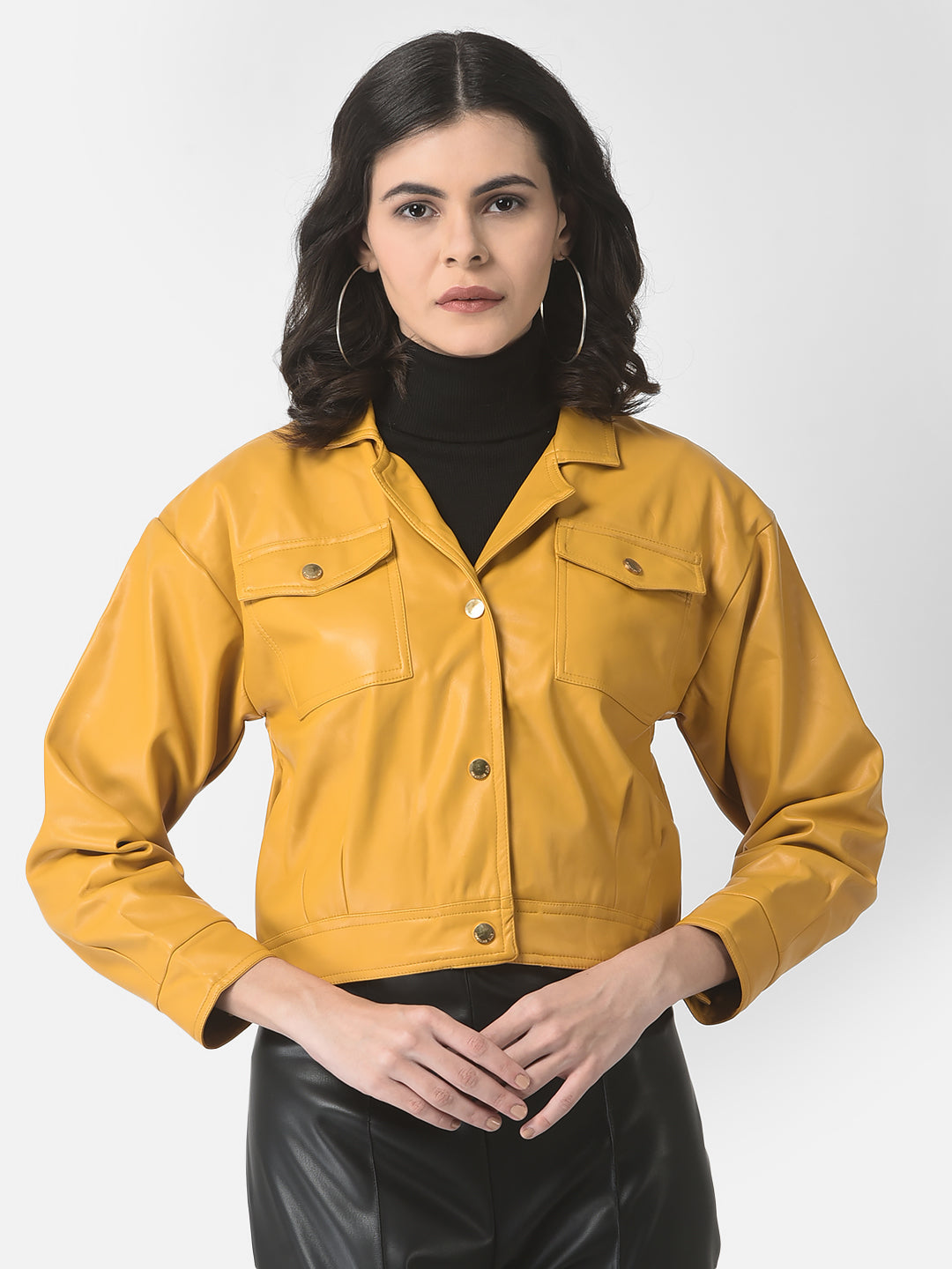  Cropped Mustard Faux Leather Jacket