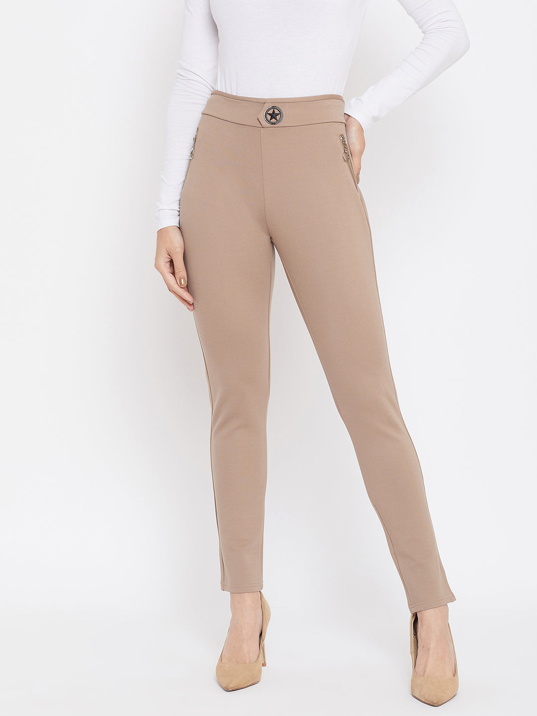 Beige Skinny fit Cigarette Trousers - Women Trousers