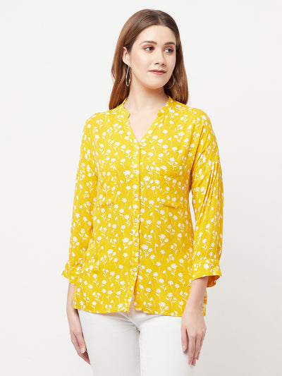 Yellow Floral Printed V-Neck Shirt - Women Shirts