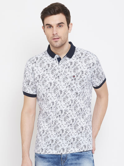 White Printed Polo Neck T-Shirt - Men T-Shirts