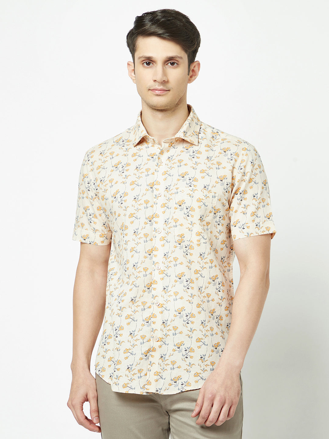 Short Sleeved Beige Floral Shirt