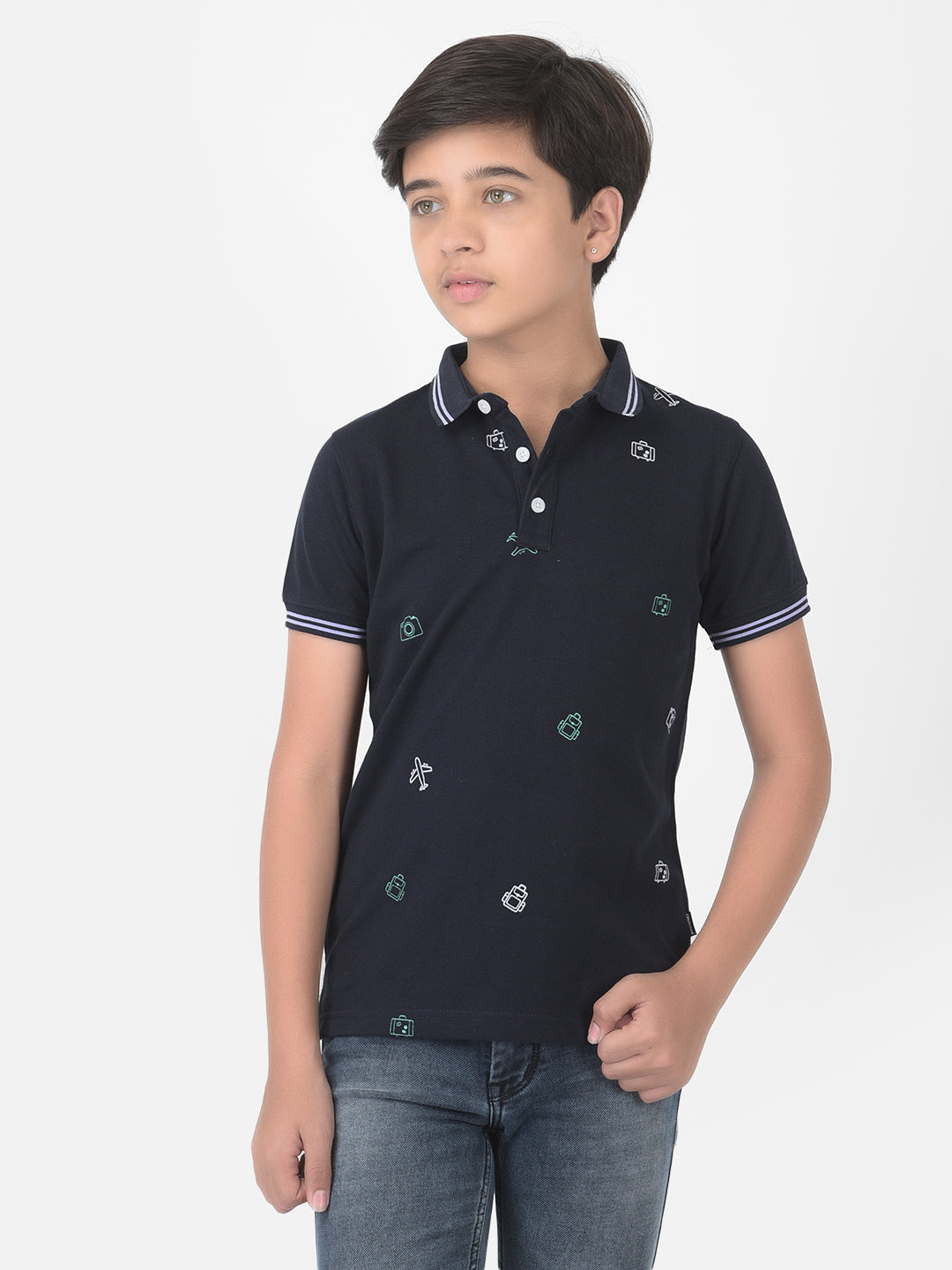 Navy Blue Printed Polo T-shirt - Boys T-Shirts