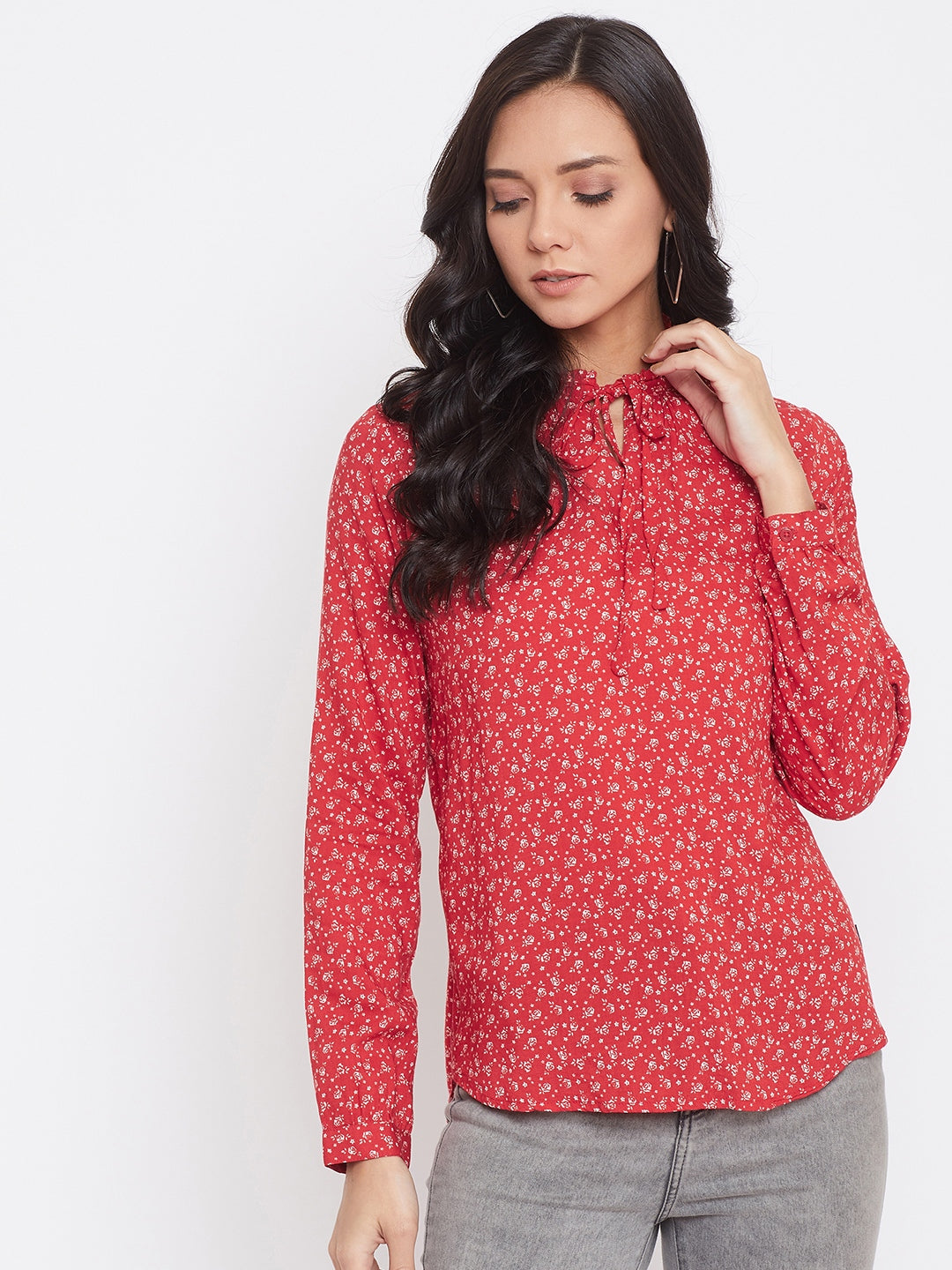 Red Printed Full Sleeves Top - Women Tops