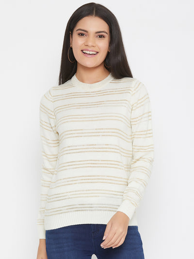 Off White Striped Round Neck Sweater - Women Sweaters