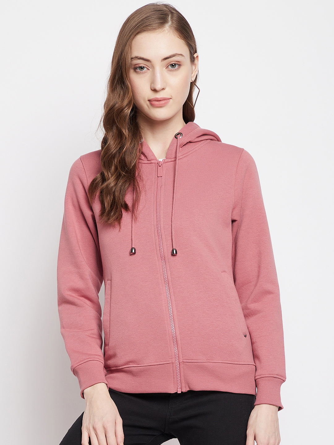 Crimsoune Club Women Pink Solid Hooded Sweatshirt-Women Sweat Shirts-Crimsoune Club