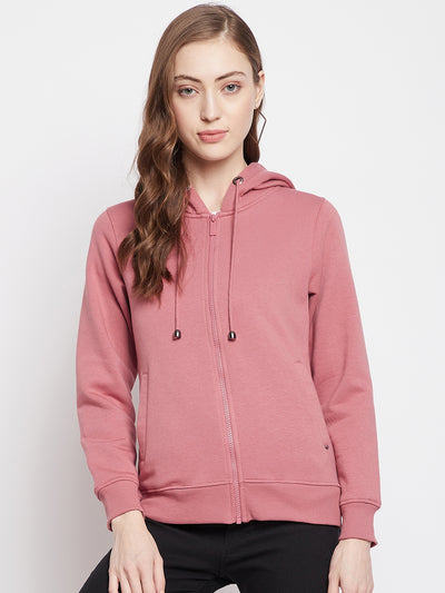 Crimsoune Club Women Pink Solid Hooded Sweatshirt-Women Sweat Shirts-Crimsoune Club