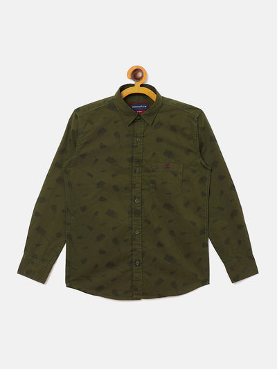 Olive Printed Spread Collar Slim Fit Shirt - Boys Shirts