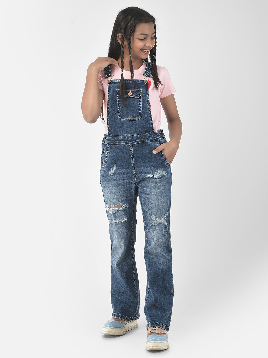 Blue Distressed Denim Dungaree