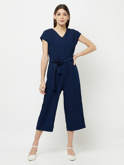 Navy Blue Denim Capri Jumpsuit - Women Jumpsuits