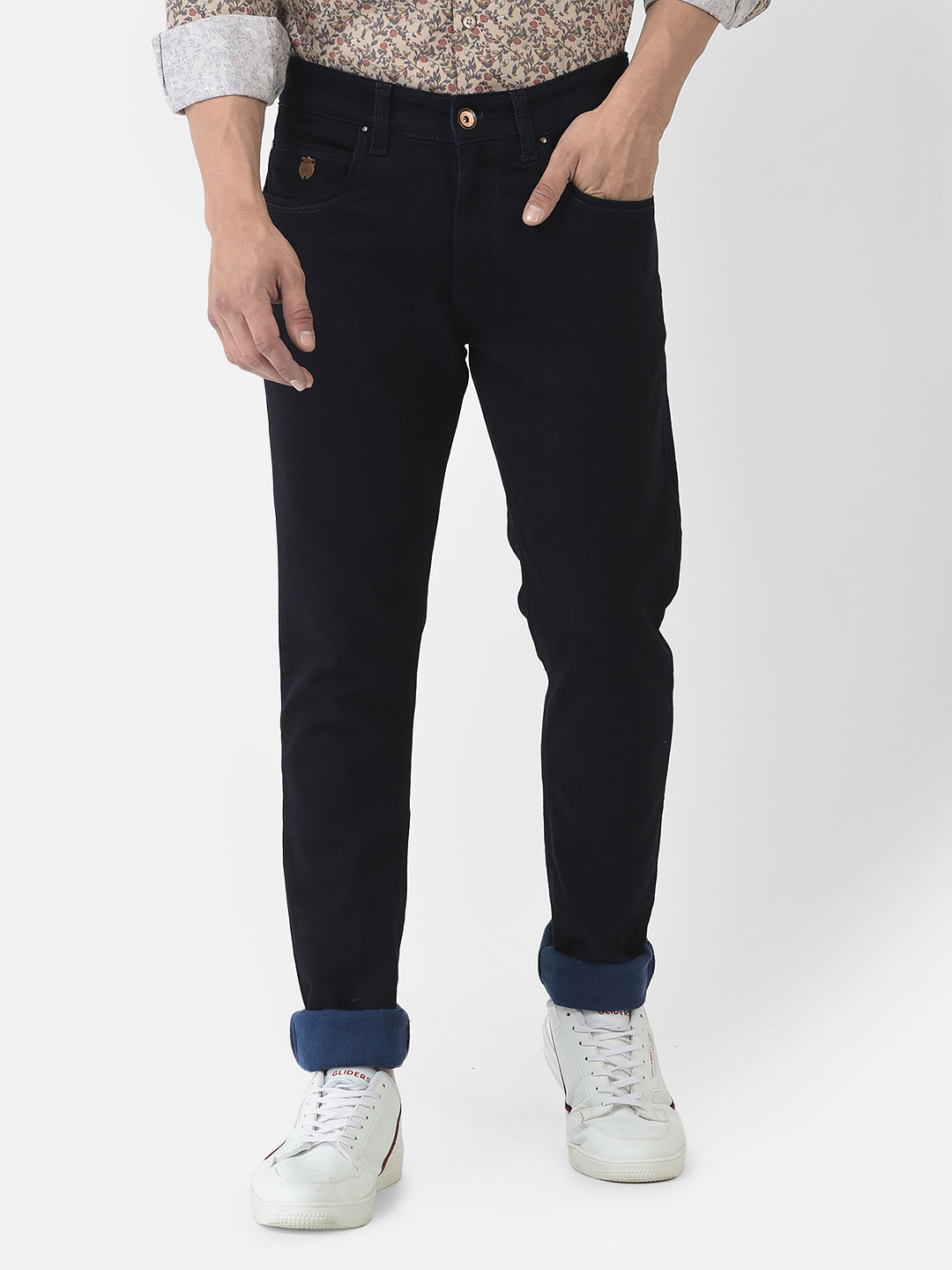  Navy Blue Jeans with Logo Embellishment 