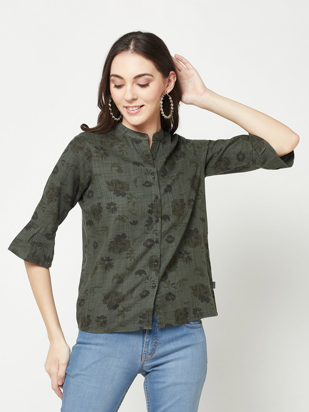  Olive Floral Mandarin Neck Shirt