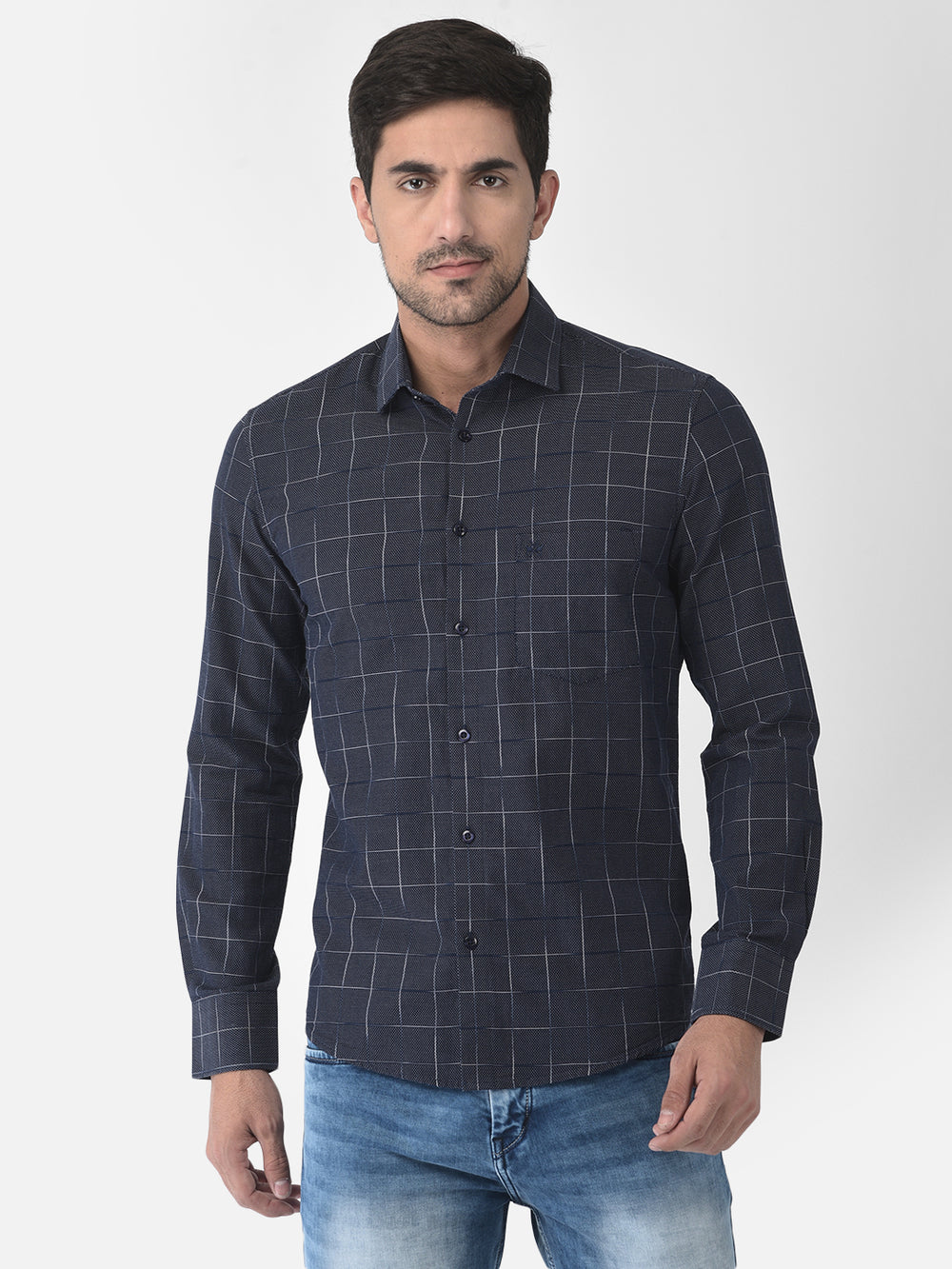 Navy Blue Windowpane Checked Shirt - Men Shirts