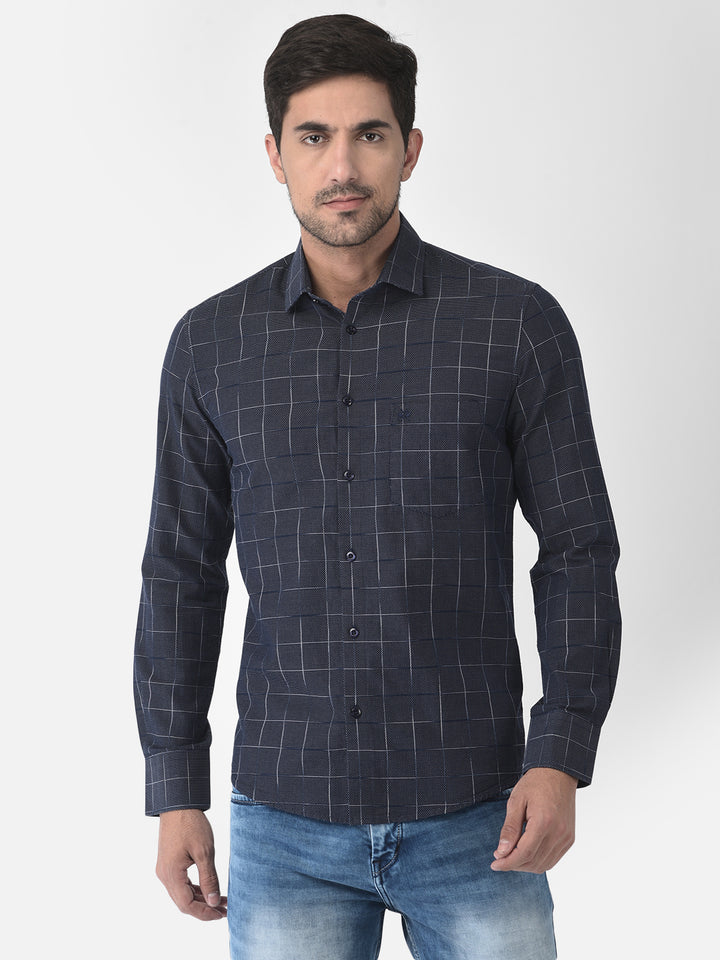 Navy Blue Windowpane Checked Shirt - Men Shirts