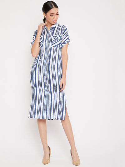 Blue and White Shirt Dress - Women Dresses