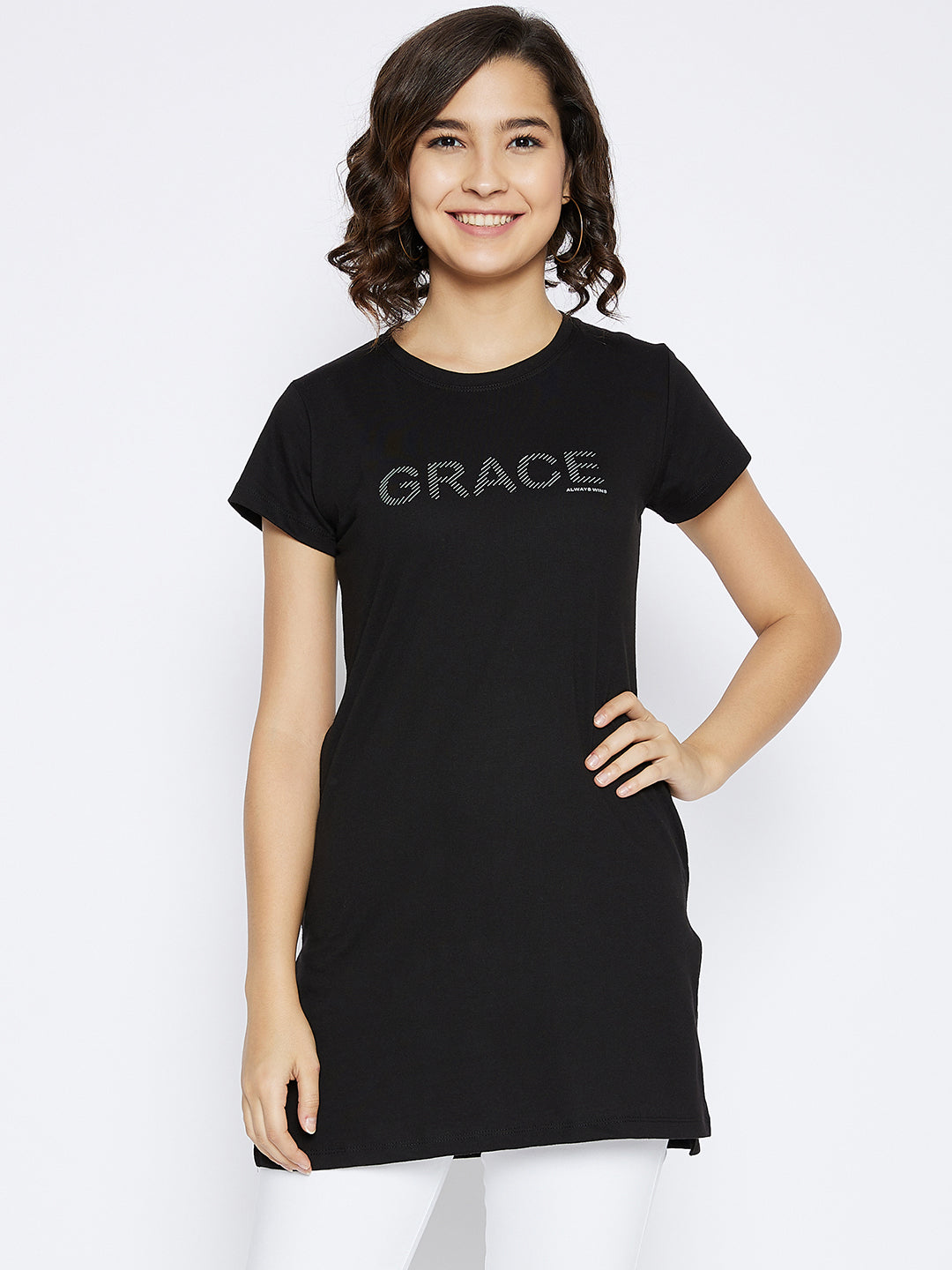 Black Printed Round Neck T-shirt - Women T-Shirts