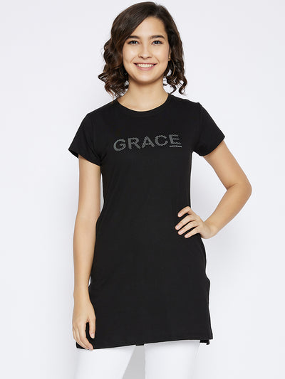 Black Printed Round Neck T-shirt - Women T-Shirts
