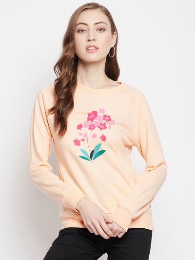 Orange Floral Round Neck Sweatshirt - Women Sweatshirts
