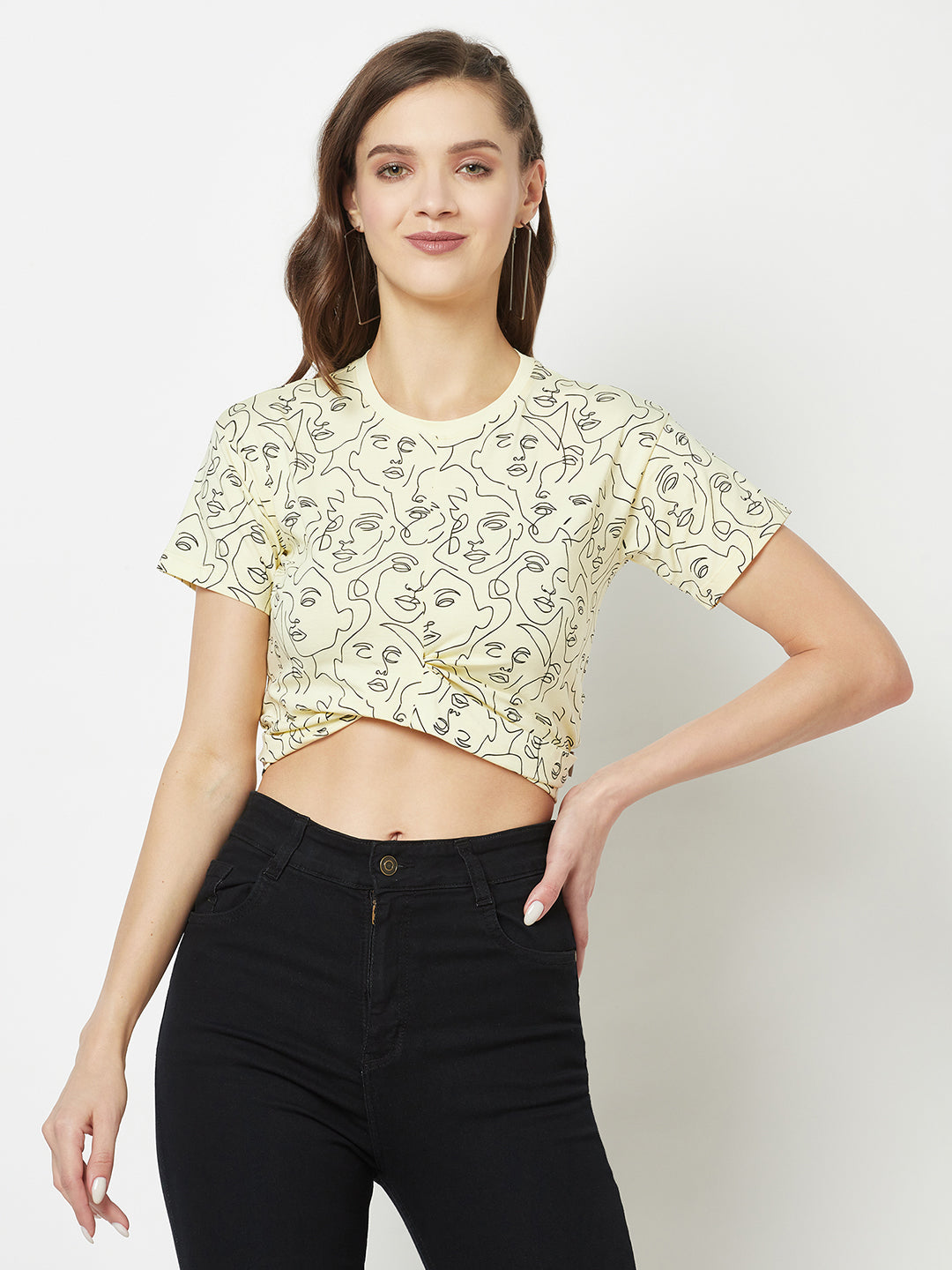 Yellow Cropped One-Line Art Top-Women Tops-Crimsoune Club