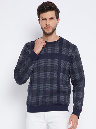 Navy Blue Checked Round Neck Sweatshirt - Men Sweatshirts