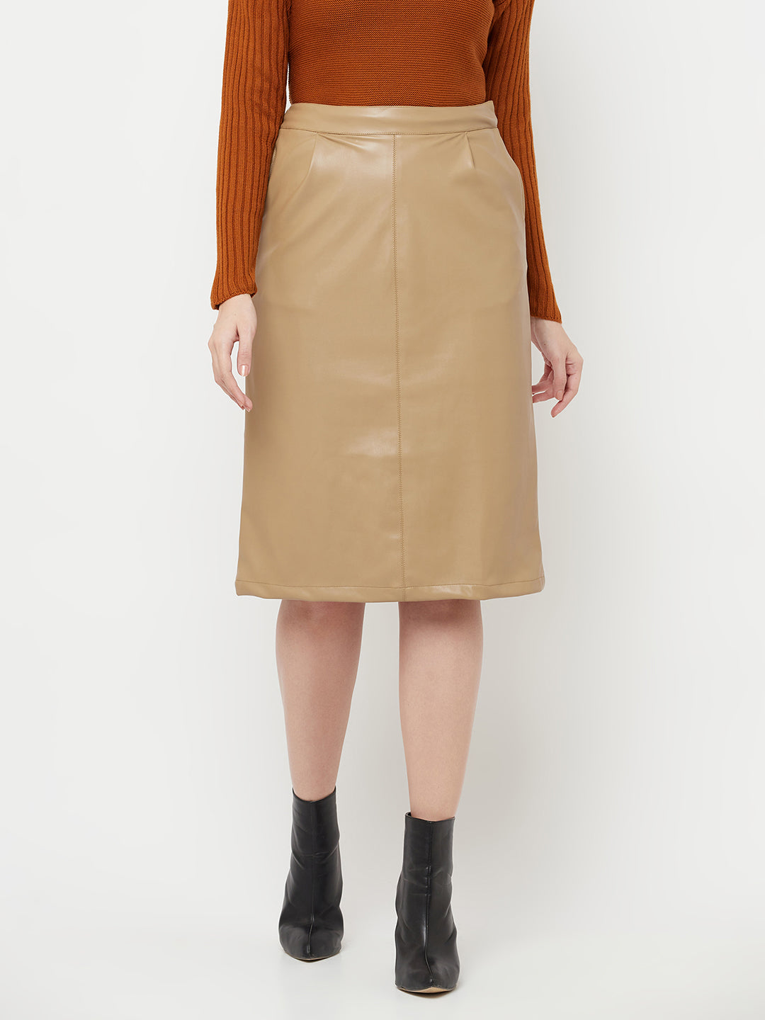 Beige Midi A-Line Leather Skirt - Women Skirts