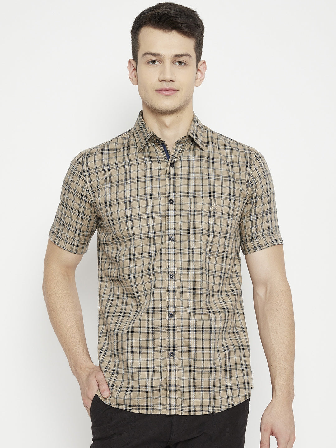 Beige Checked Slim Fit shirt - Men Shirts