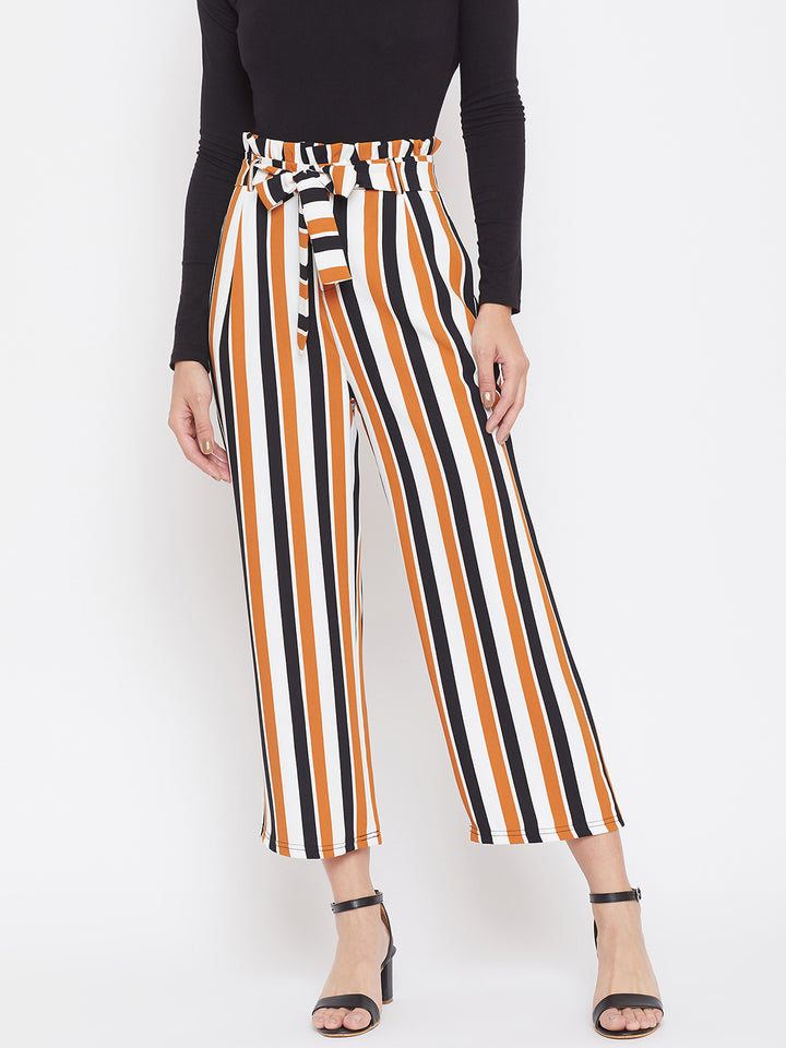 Striped Paperbag Trouser with Belt - Women Trousers