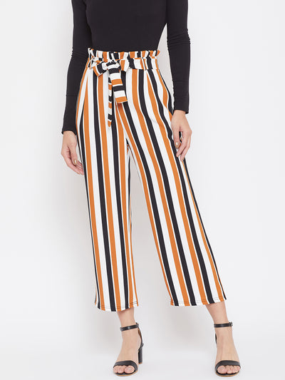 Striped Paperbag Trouser with Belt - Women Trousers