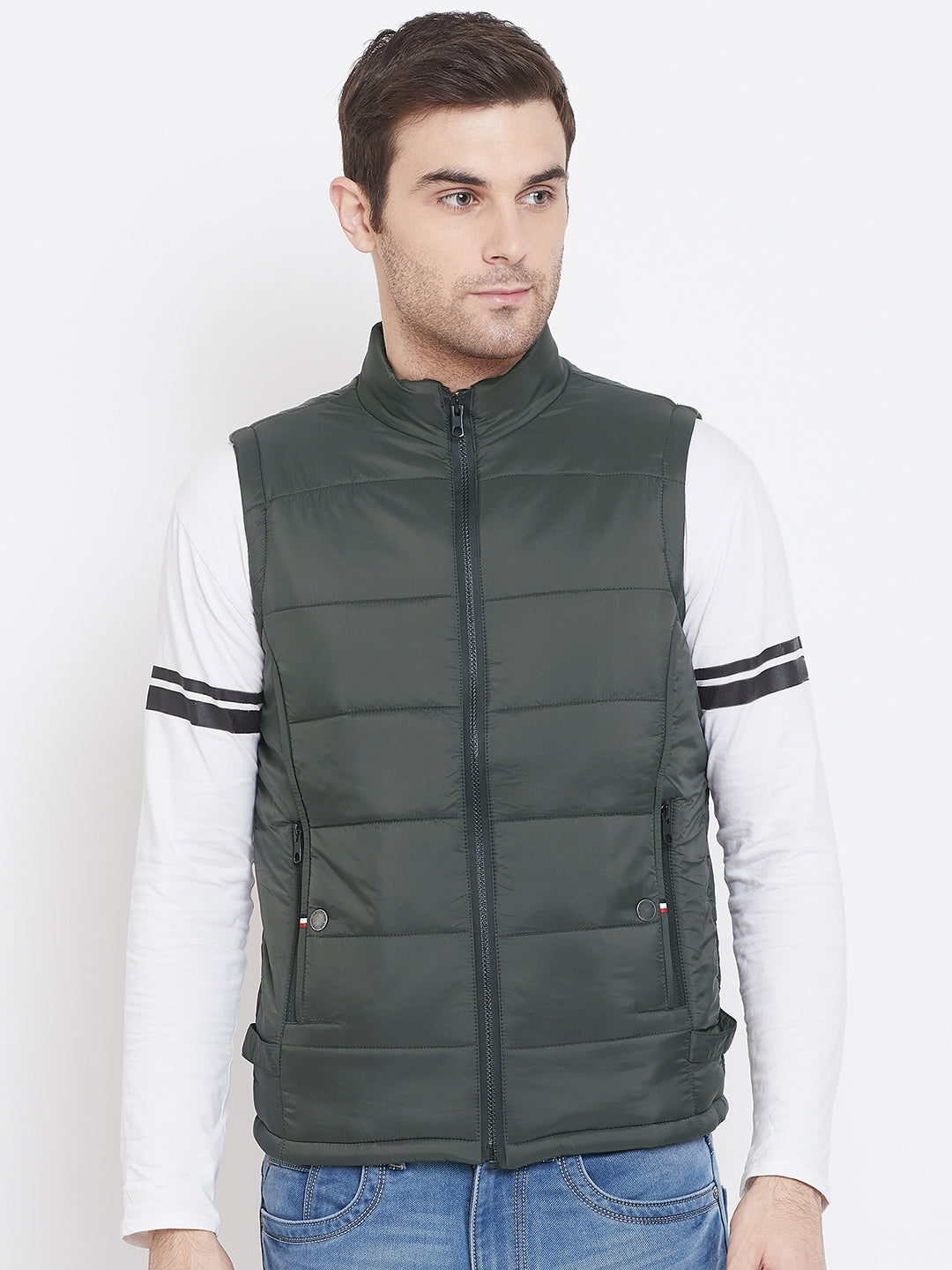 Olive Solid Mandarin Collar Jackets-Mens Jacket-Crimsoune Club