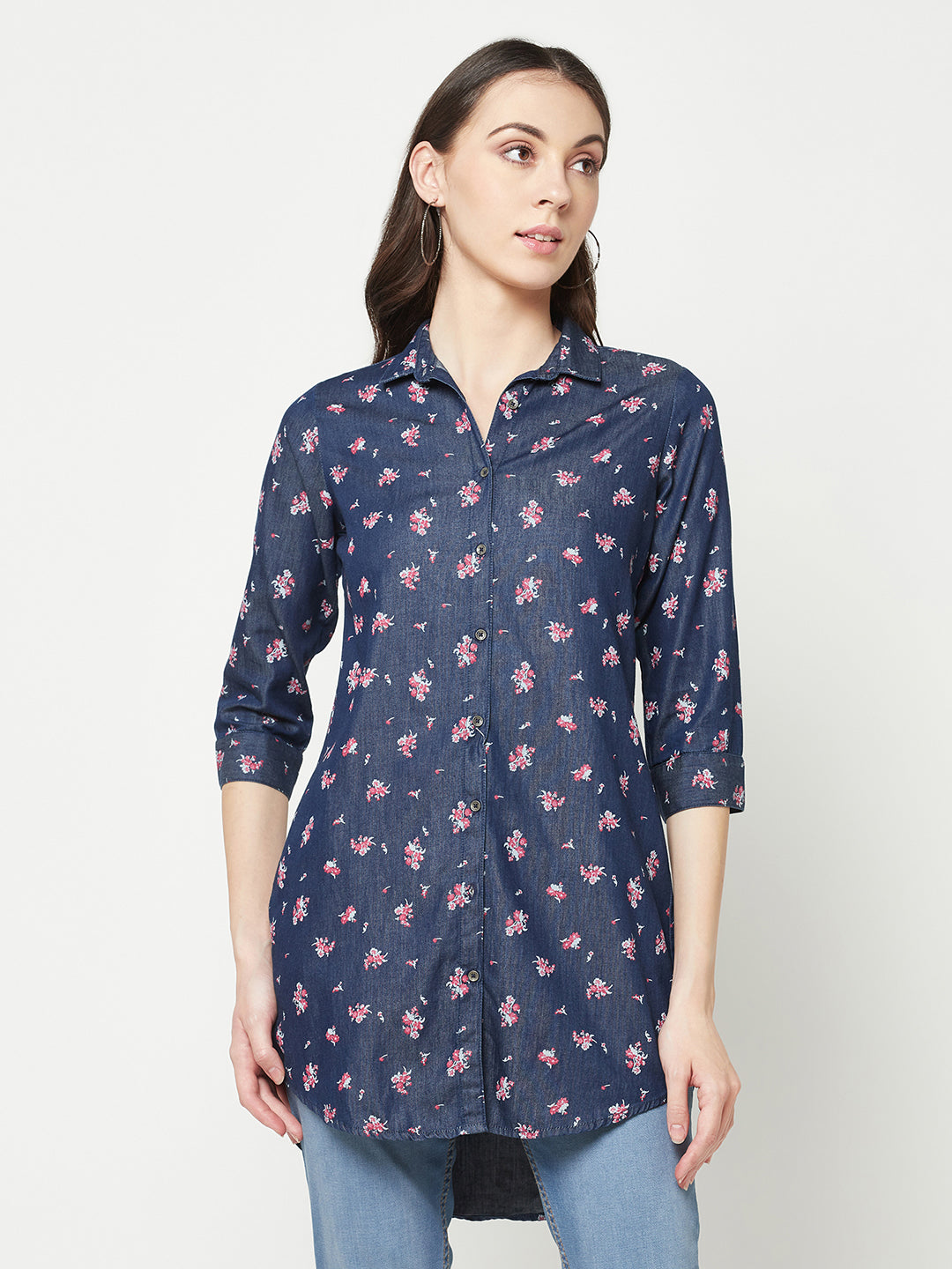  Navy Blue Denim Floral Shirt