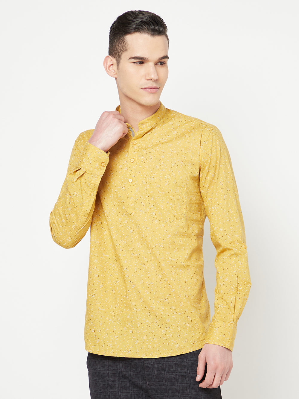 Yellow Floral Printed Kurta - Men Kurtas