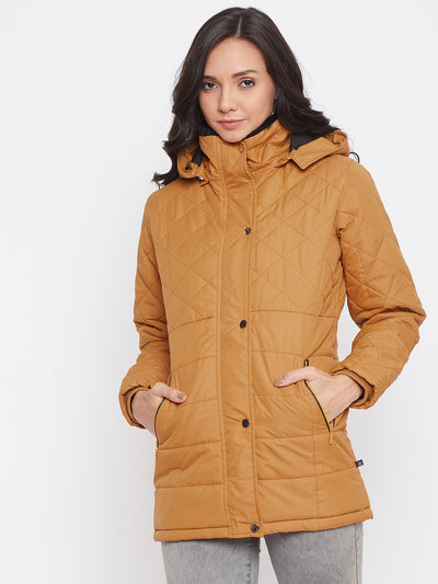 Mustard Solid Hooded Jackets-Women Jackets-Crimsoune Club