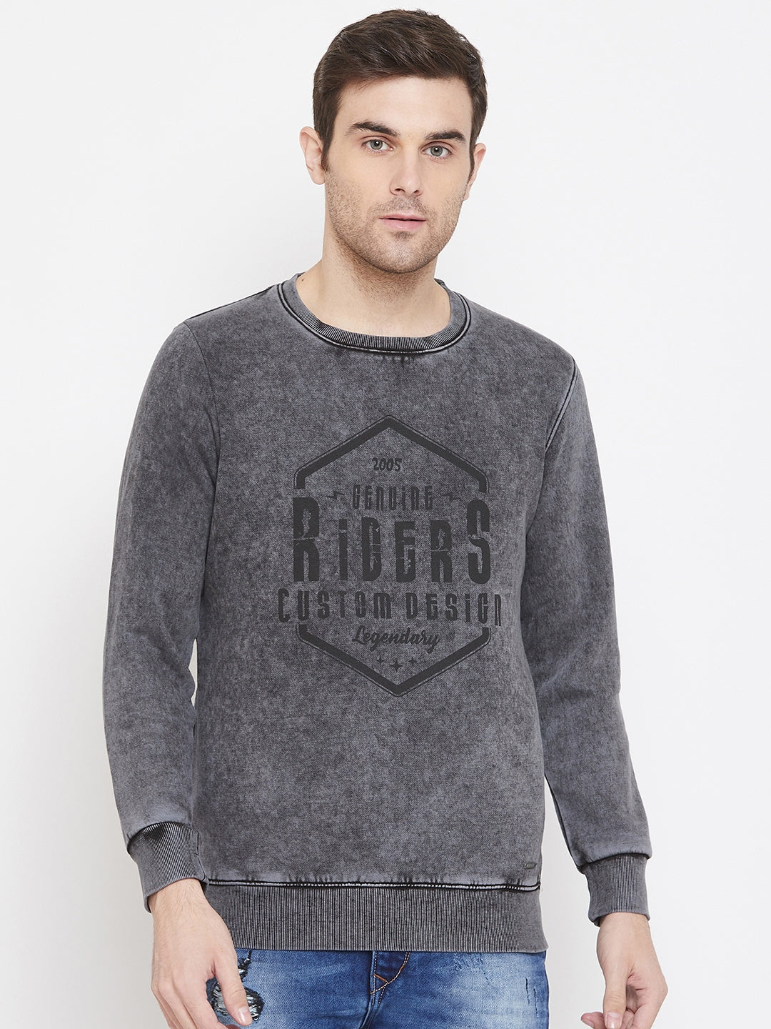 Grey Printed Round Neck Sweatshirt - Men Sweatshirts