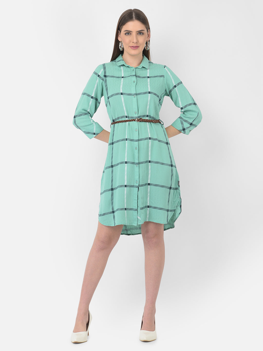 Green Checked Shirt Dress - Women Dresses